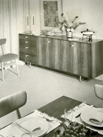 A vintage photo from the 1950s showing an early example of a Nelson Thin Edge chest and cabinet combination. A vintage photo from the 1950s showing an early example of a Nelson Thin Edge chest and cabinet combination.