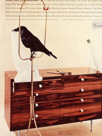A 1957 ad from The New Yorker showing a chest from the Rosewood Cabinet Series, designed by George Nelson. A 1957 ad from The New Yorker showing a chest from the Rosewood Cabinet Series, designed by George Nelson.