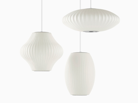 Nelson Bubble Lamps of three different shapes, all hanging from the same fixture. Nelson Bubble Lamps of three different shapes, all hanging from the same fixture.