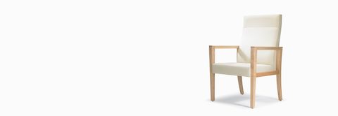A three-quarter view of a Brava 863 high-back patient chair in white textile with open maple wood arms. A three-quarter view of a Brava 863 high-back patient chair in white textile with open maple wood arms.