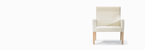 A front view of a Brava 862 Plus Chair with high-back in white textile with upholstered arms and maple base. A front view of a Brava 862 Plus Chair with high-back in white textile with upholstered arms and maple base.