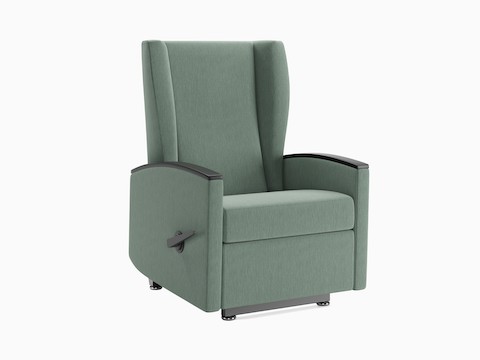 Culla Reclining Glider in green upholstery with black curved arm caps. Culla Reclining Glider in green upholstery with black curved arm caps.