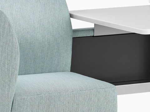 Cropped view of a Nemschoff Palisade Booth focused on the center surface. Cropped view of a Nemschoff Palisade Booth focused on the center surface.