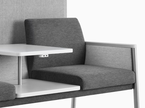 Three-quarter view of Nemschoff Palisade Easy Access Multiple Seating with privacy screen, with solid surface center table and power module. Three-quarter view of Nemschoff Palisade Easy Access Multiple Seating with privacy screen, with solid surface center table and power module.