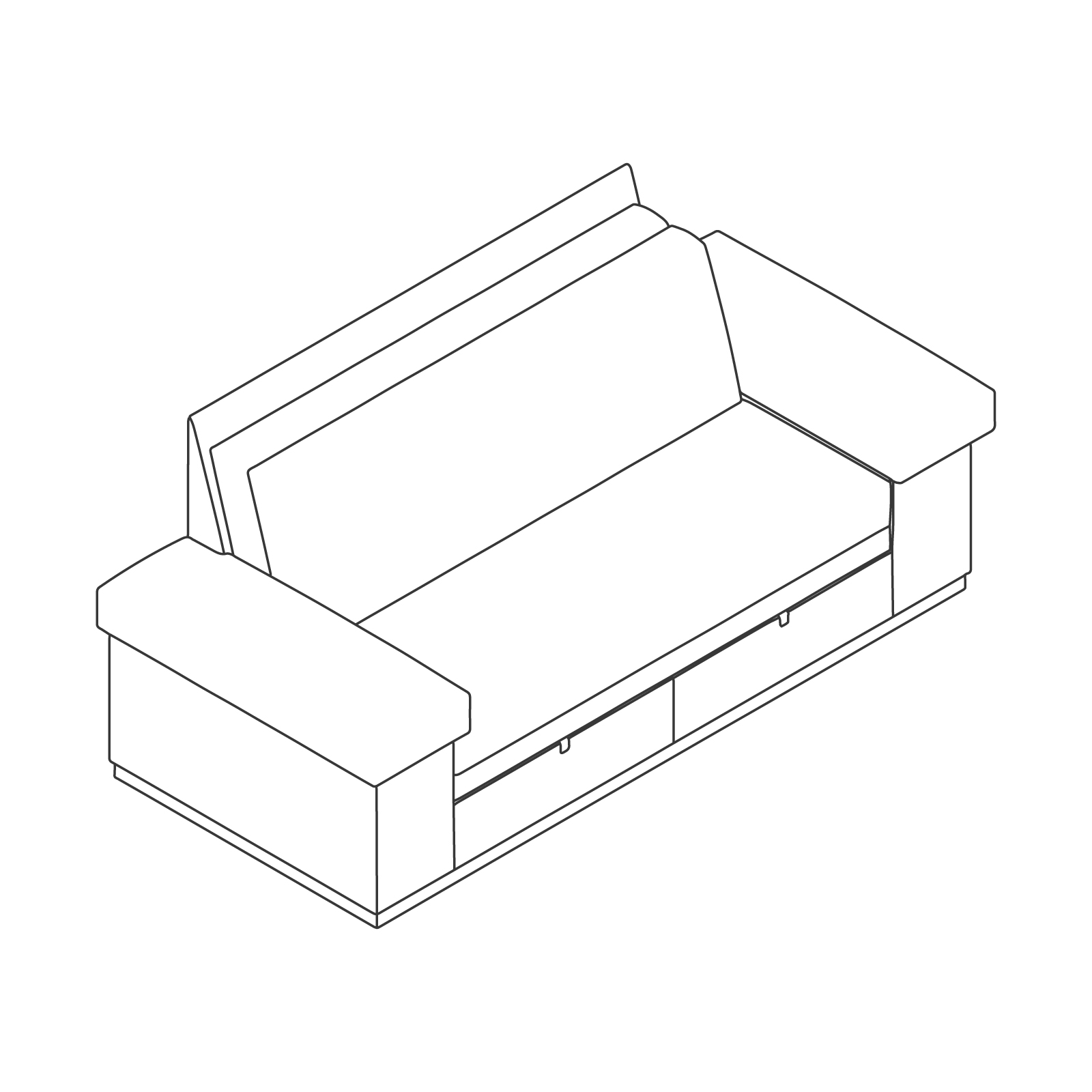A line drawing - Nemschoff SleepOver Flop Sofa–Arm Storage–Plinth Base–Under-Seat Drawers A line drawing - Nemschoff SleepOver Flop Sofa–Arm Storage–Plinth Base–Under-Seat Drawers