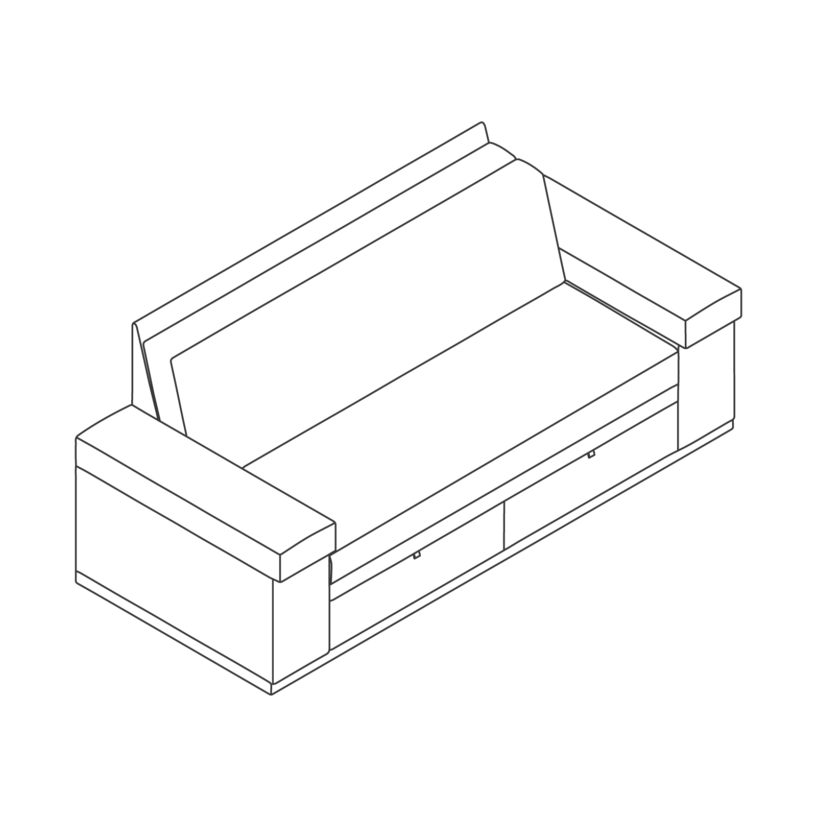 A line drawing - Nemschoff SleepOver Flop Sofa–Flush Arm Storage–Plinth Base–Under-Seat Drawers A line drawing - Nemschoff SleepOver Flop Sofa–Flush Arm Storage–Plinth Base–Under-Seat Drawers