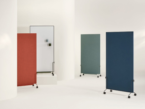 Red, grey, light blue and dark blue OE1 Mobile Easels with fabric and marker boards. Red, grey, light blue and dark blue OE1 Mobile Easels with fabric and marker boards.