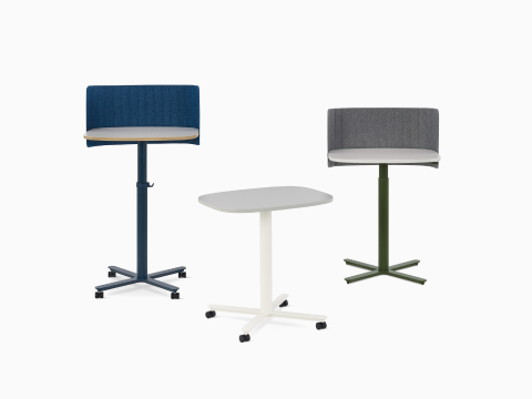 Three Passport Work Tables shown with various accessories in a variety of heights and finishes. Three Passport Work Tables shown with various accessories in a variety of heights and finishes.