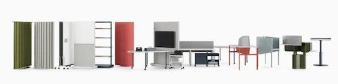 Various OE1 Workspace Collection products including movable walls, freestanding curtains, tables, storage trolleys, privacy screens and height-adjustable tables, with a white background. Various OE1 Workspace Collection products including movable walls, freestanding curtains, tables, storage trolleys, privacy screens and height-adjustable tables, with a white background.