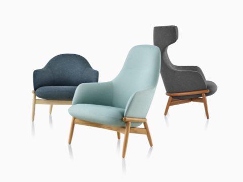 A group of three Reframe Lounge chairs, in mid, high, and wing-back variations. A group of three Reframe Lounge chairs, in mid, high, and wing-back variations.