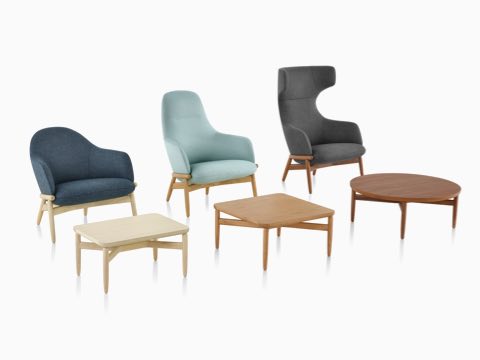 A group of Reframe Lounge Chairs with accompanying Reframe Tables. A group of Reframe Lounge Chairs with accompanying Reframe Tables.
