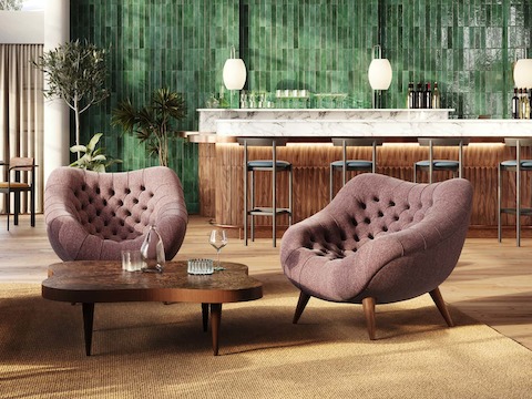 Lounge space with two Rohde Easy Chairs and a Rohde Paldao coffee table in walnut burl. Lounge space with two Rohde Easy Chairs and a Rohde Paldao coffee table in walnut burl.
