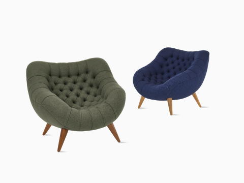Rohde Easy Chairs in green and blue from a front-angle view. Rohde Easy Chairs in green and blue from a front-angle view.