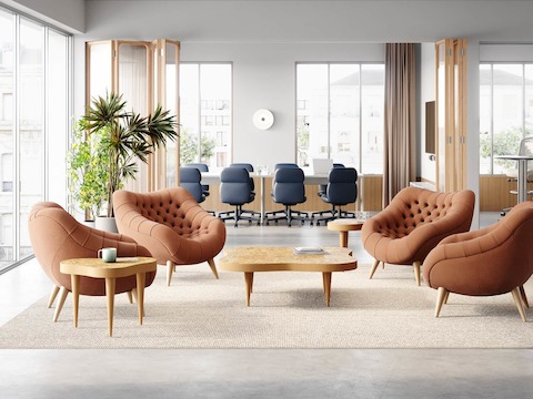 Lounge space with Rohde Easy Chairs and Rohde Paldao coffee and side table in oak burl. Lounge space with Rohde Easy Chairs and Rohde Paldao coffee and side table in oak burl.