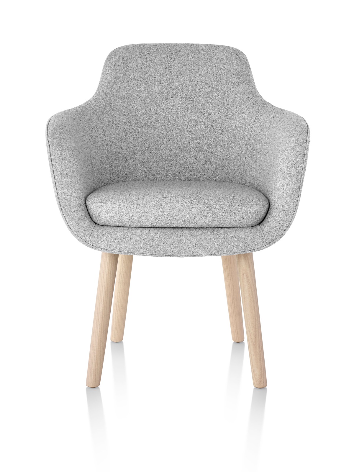 A light gray Saiba Side Chair, featuring an upholstered bucket seat and wood legs, viewed from the front. A light gray Saiba Side Chair, featuring an upholstered bucket seat and wood legs, viewed from the front.