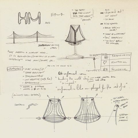 Sketches from designer Yves Béhar, showing how the Golden Gate Bridge inspired the Sayl office chair. Sketches from designer Yves Béhar, showing how the Golden Gate Bridge inspired the Sayl office chair.