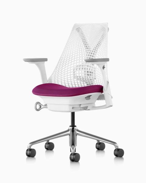 A white Sayl office chair with a magenta upholstered seat. A white Sayl office chair with a magenta upholstered seat.