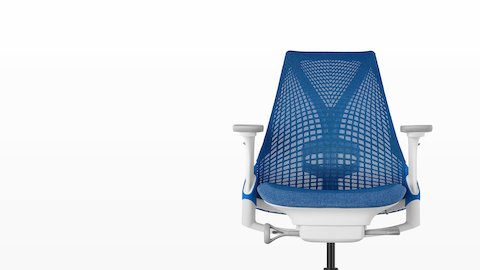 Front view of a blue Sayl office chair, showing the suspension back and upholstered seat. Front view of a blue Sayl office chair, showing the suspension back and upholstered seat.