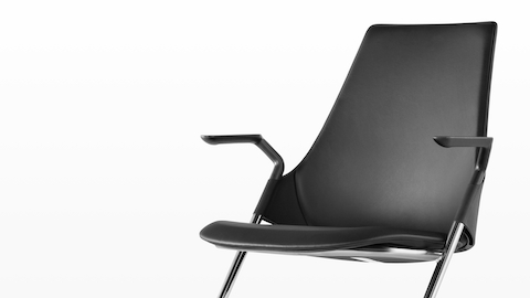 Black leather Sayl Side Chair, viewed from a 45-degree angle. Black leather Sayl Side Chair, viewed from a 45-degree angle.