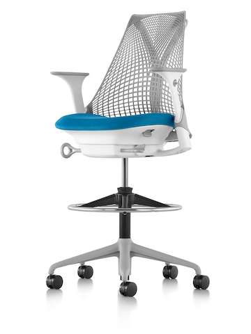 Light gray Sayl Stool with a blue seat, viewed from a 45-degree angle. Light gray Sayl Stool with a blue seat, viewed from a 45-degree angle.