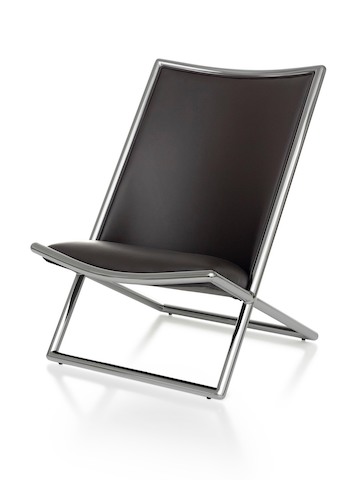 Black leather Scissor Chair with chrome frame, viewed from the front at an angle. Black leather Scissor Chair with chrome frame, viewed from the front at an angle.