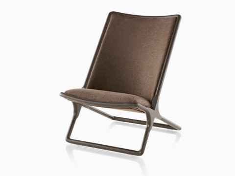 Scissor Chair with brown wood frame and brown upholstery, viewed from the front at an angle. Scissor Chair with brown wood frame and brown upholstery, viewed from the front at an angle.