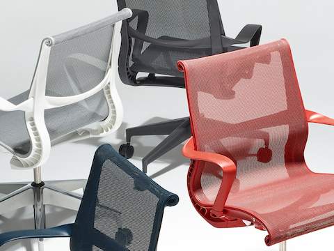 Close-up of Setu chairs in various finishes. Close-up of Setu chairs in various finishes.