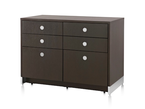 Angled view of a Sled Base Storage double unit consisting of four box drawers and two file drawers. Angled view of a Sled Base Storage double unit consisting of four box drawers and two file drawers.