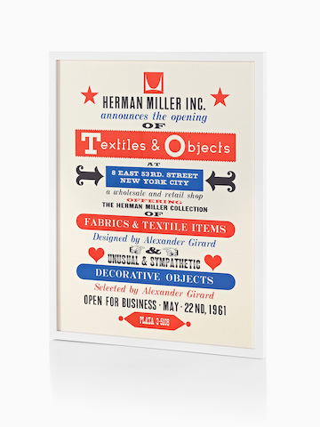 A poster promoting the 1961 debut of the Textiles & Objects shop Alexander Girard opened with Herman Miller in Manhattan. A poster promoting the 1961 debut of the Textiles & Objects shop Alexander Girard opened with Herman Miller in Manhattan.