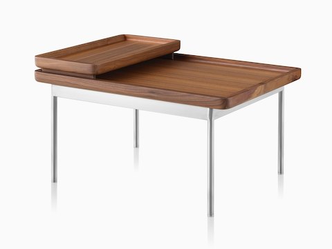 An angled view of a rectangular Tuxedo Table and nesting tray, both with a medium woodgrain finish. An angled view of a rectangular Tuxedo Table and nesting tray, both with a medium woodgrain finish.