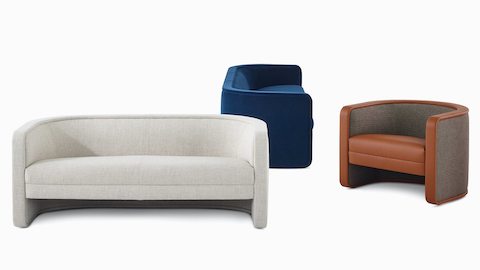 A family shot of a U-Series Settee upholstered in Vionette Desert Mix, a U-Series Sofa upholstered in Maharam Mohair Supreme League, and a U-Series Lounge Chair upholstered in Wool Tweed Umber and Tenera Maple. A family shot of a U-Series Settee upholstered in Vionette Desert Mix, a U-Series Sofa upholstered in Maharam Mohair Supreme League, and a U-Series Lounge Chair upholstered in Wool Tweed Umber and Tenera Maple.