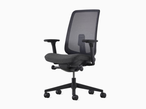 A black Verus Chair with a black suspension back. A black Verus Chair with a black suspension back.