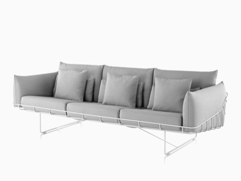 Gray three-seat Wireframe Sofa with white frame, viewed from an angle. Gray three-seat Wireframe Sofa with white frame, viewed from an angle.