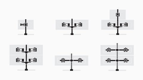 An illustration showing six configurations of Wishbone Monitor Arms, supporting one, two, three, or four screens. An illustration showing six configurations of Wishbone Monitor Arms, supporting one, two, three, or four screens.