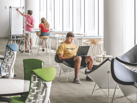 Students studying in an open lounge space within a library. Students studying in an open lounge space within a library.