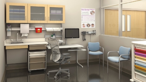 A diagnosis and triage area comprised of Casework and Co/Struc systems, along with Aside chairs. A diagnosis and triage area comprised of Casework and Co/Struc systems, along with Aside chairs.