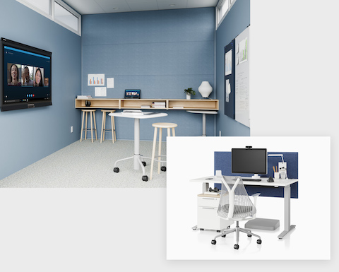 A large image shows a light blue haven space with a small table and stools, featuring the technology from Logitech. In an adjacent smaller image, you see a height-adjustable desk in white with a Sayl Chair in white and grey. Canvas Storage sits under the desk, and a panel behind the desk provides privacy. A large image shows a light blue haven space with a small table and stools, featuring the technology from Logitech. In an adjacent smaller image, you see a height-adjustable desk in white with a Sayl Chair in white and grey. Canvas Storage sits under the desk, and a panel behind the desk provides privacy.