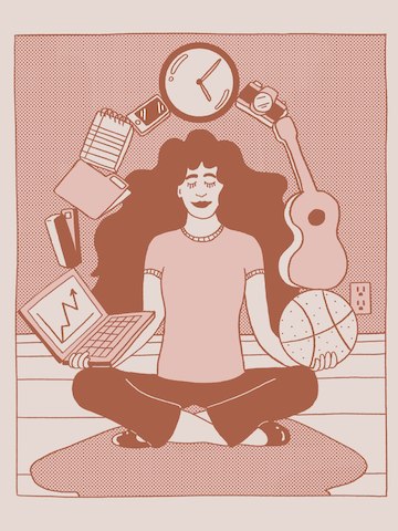 An pink illustration of a person with long hair sitting in a yoga position and juggling objects from work and life, including a laptop, a clock, a basketball, and a guitar. An pink illustration of a person with long hair sitting in a yoga position and juggling objects from work and life, including a laptop, a clock, a basketball, and a guitar.