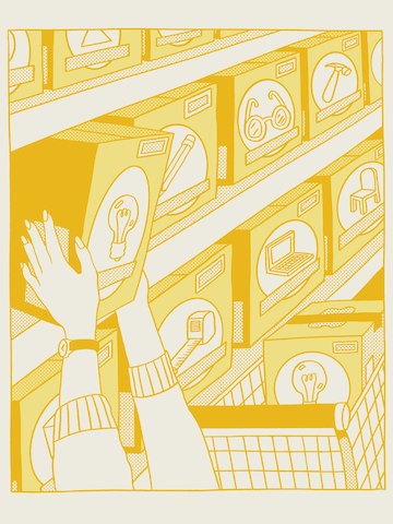 A yellow illustration of a person taking boxes of light bulbs off a shelf and putting them in a shopping cart. A yellow illustration of a person taking boxes of light bulbs off a shelf and putting them in a shopping cart.