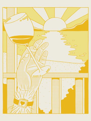 A yellow illustration of a hand holding a wine glass and wearing a smart watch with a heart on the screen. A yellow illustration of a hand holding a wine glass and wearing a smart watch with a heart on the screen.