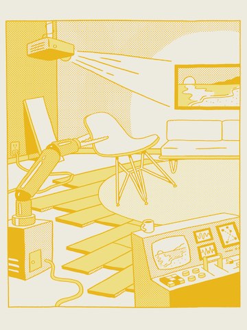 A yellow illustration of a control station, a robot arm picking up an Eames Shell Chair, and a projector displaying an image of a sunset on the wall. A yellow illustration of a control station, a robot arm picking up an Eames Shell Chair, and a projector displaying an image of a sunset on the wall.