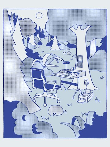 A blue illustration of an Eames Aluminum Group Chair with a Nelson swag leg desk in a forest. A blue illustration of an Eames Aluminum Group Chair with a Nelson swag leg desk in a forest.