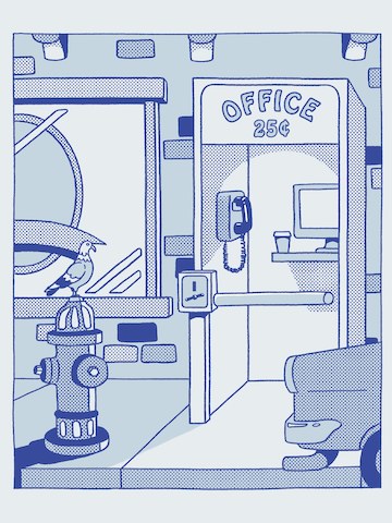 A blue illustration of a phone booth with the words office and twenty-five cents written on it. A pidgeon sits on a hydrant in the foreground. A blue illustration of a phone booth with the words office and twenty-five cents written on it. A pidgeon sits on a hydrant in the foreground.