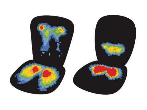 Thermal images revealing two different sets of pressure areas in a chair. Thermal images revealing two different sets of pressure areas in a chair.