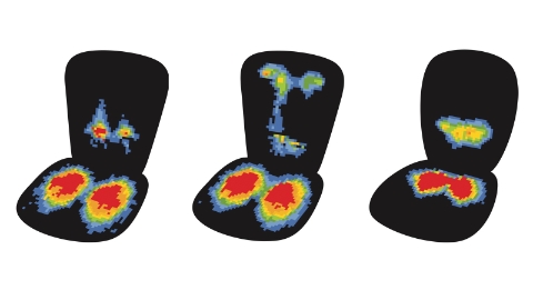 Thermal images showing three separate sets of pressure points in relation to a chair's surfaces. Thermal images showing three separate sets of pressure points in relation to a chair's surfaces.