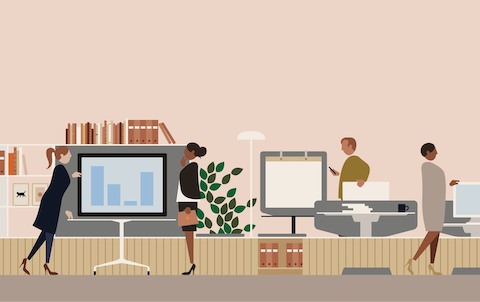 A computer rendering showing employees inside an office area. A computer rendering showing employees inside an office area.