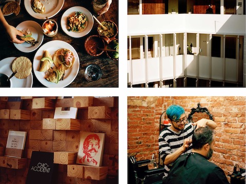 Clockwise from top left: An epic lunchtime spread at Parnita; the louvered interior courtyard at Hotel Condesa DF; artful retail display/reading recommendations at Casa Bosques; a shave and a haircut at Goodbye Folk. Clockwise from top left: An epic lunchtime spread at Parnita; the louvered interior courtyard at Hotel Condesa DF; artful retail display/reading recommendations at Casa Bosques; a shave and a haircut at Goodbye Folk.