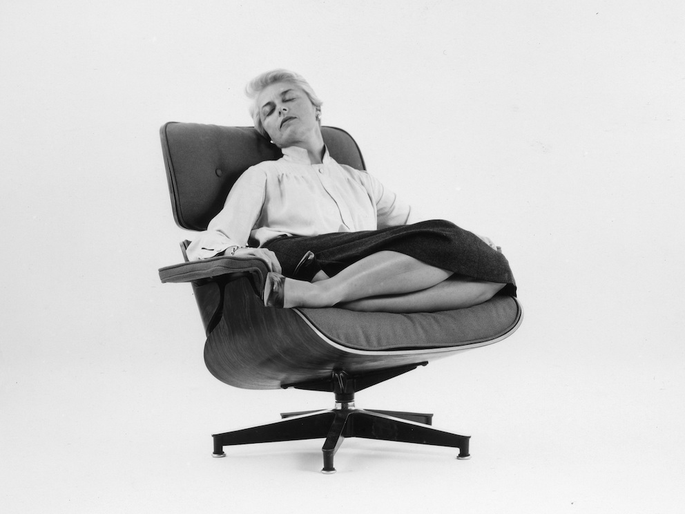 Actress Amanda Dunne in a fabric-covered Eames Lounge Actress Amanda Dunne in a fabric-covered Eames Lounge