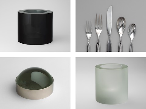A number of pieces from Ward Bennett's portfolio are part of the permanent collection at MoMA, including a variety of tabletop objects. Clockwise from top left: a black crystal vase for Salviati & C, 1965; stainless steel Double Helix Flatware for Sasaki, Japan, 1985; A lens glass and nickel paperweight for Hermes, 1955; a crystal vase for Salviati & C, 1960. © The Museum of Modern Art/Licensed by SCALA / Art Resource, NY A number of pieces from Ward Bennett's portfolio are part of the permanent collection at MoMA, including a variety of tabletop objects. Clockwise from top left: a black crystal vase for Salviati & C, 1965; stainless steel Double Helix Flatware for Sasaki, Japan, 1985; A lens glass and nickel paperweight for Hermes, 1955; a crystal vase for Salviati & C, 1960. © The Museum of Modern Art/Licensed by SCALA / Art Resource, NY