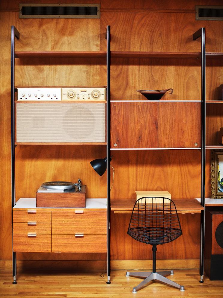 An original Nelson CSS system is outfitted with a Rek-O-Kut record player designed by the Nelson office and paired with an Eames Wire Chair-Contract Base. An original Nelson CSS system is outfitted with a Rek-O-Kut record player designed by the Nelson office and paired with an Eames Wire Chair-Contract Base.